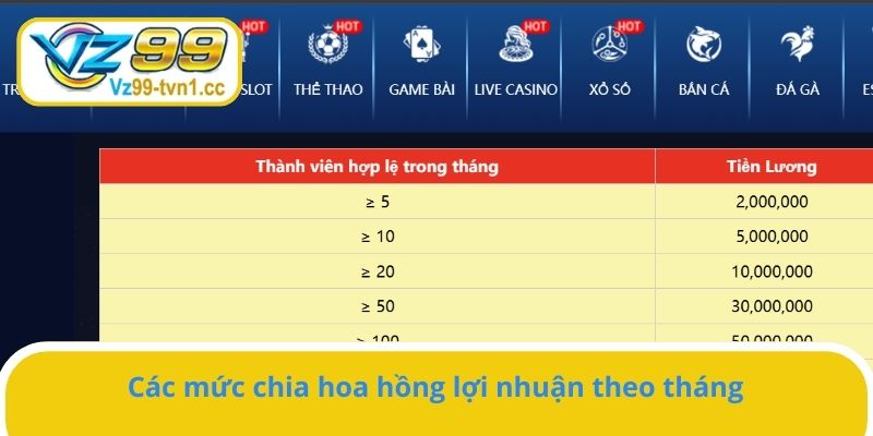 Các mức chia hoa hồng lợi nhuận theo tháng