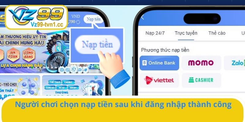 Người chơi chọn nạp tiền sau khi đăng nhập thành công
